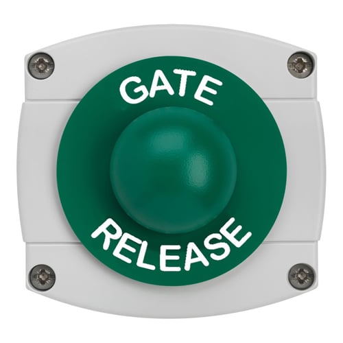 CQR AEB45 IP66 Grey/Green Surface Box With Momentary Green Dome - Legend "Gate Release" (LEAD TIME: 2-3 DAYS)