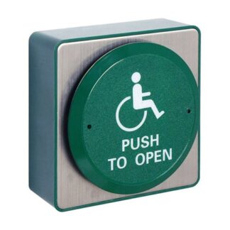 CQR AEB511 Surface Mounted Request To Exit Large Green Disc Button - Legend "Push To Open" - Green (LEAD TIME: 2-3 DAYS)