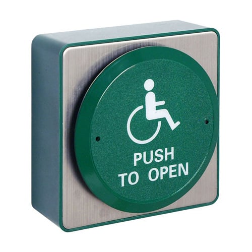CQR AEB511 Surface Mounted Request To Exit Large Green Disc Button - Legend "Push To Open" - Green (LEAD TIME: 2-3 DAYS)