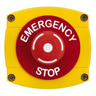 CQR AEB53 IP66 Yellow/Red Surface Box With Red Push On / Twist Off Button - Legend "Emergency Stop" (LEAD TIME: 2-3 DAYS)