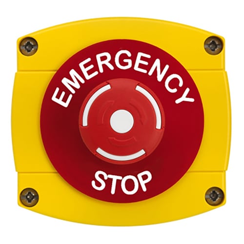 CQR AEB53 IP66 Yellow/Red Surface Box With Red Push On / Twist Off Button - Legend "Emergency Stop" (LEAD TIME: 2-3 DAYS)