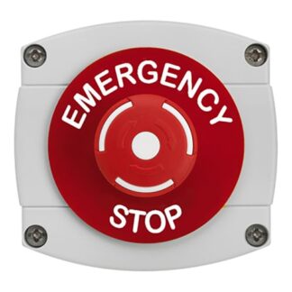 CQR AEB55 IP66 Grey/Red Surface Box With Red Push On / Twist Off Button - Legend "Emergency Stop" (LEAD TIME: 2-3 DAYS)