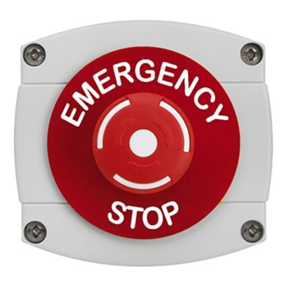 CQR AEB55 IP66 Grey/Red Surface Box With Red Push On / Twist Off Button - Legend "Emergency Stop" (LEAD TIME: 2-3 DAYS)