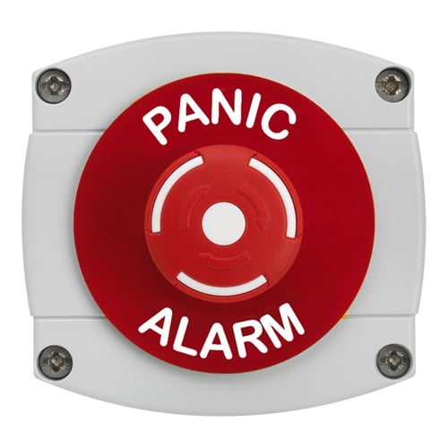 CQR AEB56 IP66 Grey/Red Surface Box With Red Push On / Twist Off Button - Legend "Panic Alarm" (LEAD TIME: 2-3 DAYS)