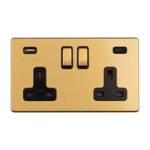 Eurolite ECSB2USBCB 2-Gang 13Amp Switched Socket with USB-C Satin Brass (LEAD TIME: 2-3 DAYS)