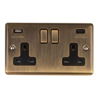 Eurolite EN2USBCABB 2-Gang 13Amp Switched Socket with USB-C - Antique Brass (LEAD TIME: 2-3 DAYS)