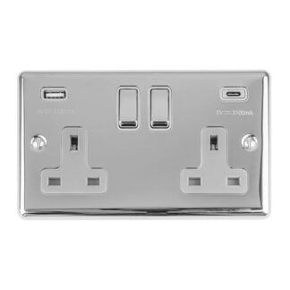 Eurolite EN2USBCPCG 2-Gang 13Amp Switched Socket with USB-C - Polished Chrome (LEAD TIME: 2-3 DAYS)