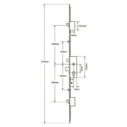Fuhr Latch Deadbolt 2 Rollers 2 Hooks Key Wind Operated Multipoint Door Lock (top hook to spindle = 730mm) - Image 2
