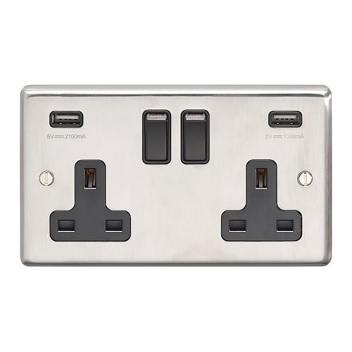 Eurolite SSS2USBB- Stainless Steel 2-Gang Usb Socket - Satin- Stainless Steel (LEAD TIME: 2-3 DAYS)