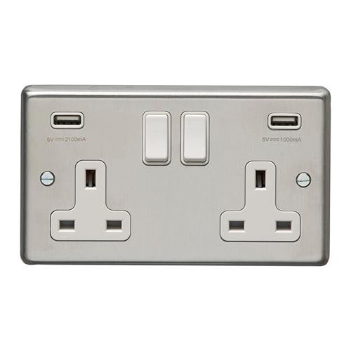 Eurolite SSS2USBW- Stainless Steel 2-Gang Usb Socket - Satin- Stainless Steel (LEAD TIME: 2-3 DAYS)