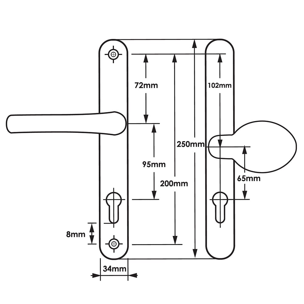 TSS Offset Lever Moveable Pad Multipoint Door Handles - 95/65mm PZ - Sprung - 200mm Screw Centres - Image 2