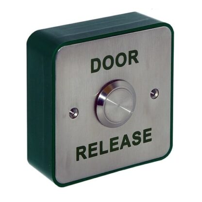 CQR AEB26/DR Surface Mounted Stainless 22mm Exit Button NO/NC - Legend "Door Release" - Stainless Steel / Green Back Box (LEAD TIME: 2-3 DAYS)
