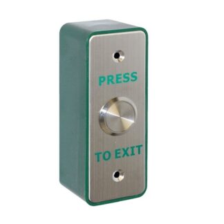 CQR AEB504/B Surface Mounted Request To Exit Switch With 22mm Button - Legend "Press To Exit" (Mullion) - Stainless Steel / Green Back Box (LEAD TIME: 2-3 DAYS)