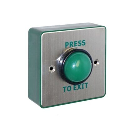 CQR AEB507/B Surface Mounted Request To Exit Switch With Green Dome & Sleeve - Legend "Press To Exit" - Stainless Steel / Green Back Box (LEAD TIME: 2-3 DAYS)
