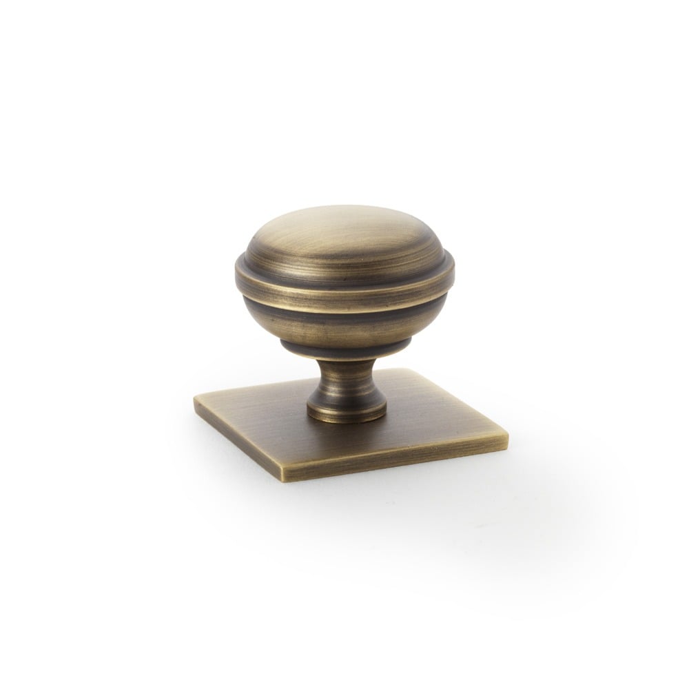 Alexander & Wilks AW826-34-AB Quantock Cupboard Knob On Square Backplate - Antique Brass (LEAD TIME: 2-3 DAYS)
