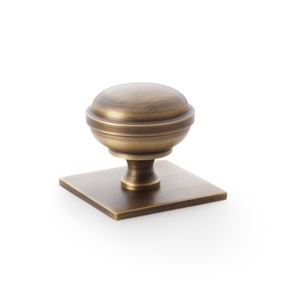 Alexander & Wilks AW826-38-AB Quantock Cupboard Knob On Square Backplate - Antique Brass 38mm (LEAD TIME: 2-3 DAYS)