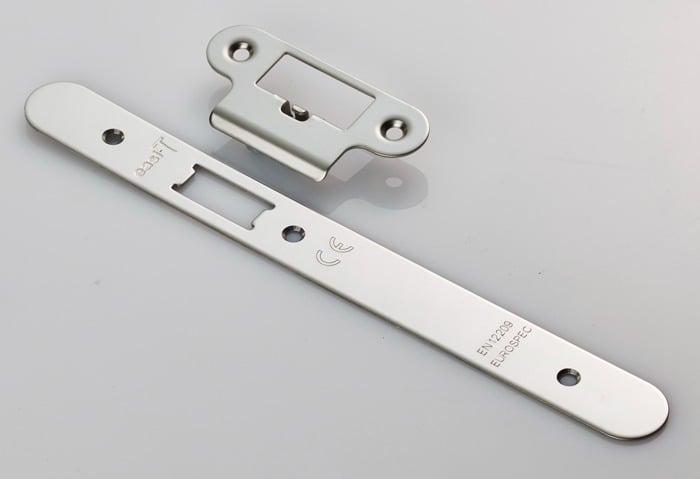 Eurospec FSF5016BSS/R Forend Strike & Fixing Pack To Suit Din Latch - Bright Stainless Steel Radius Forend (LEAD TIME: 2-3 DAYS)